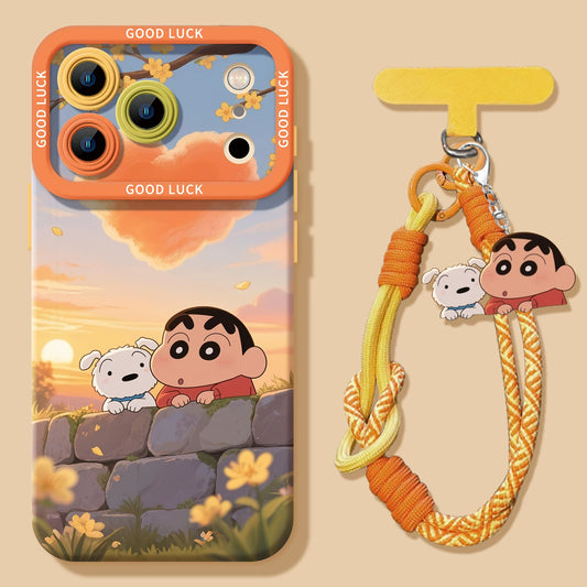 Cute and Trendy Silicone Phone Cases for iPhone 17, 15, 14 Pro, 13, 12 Mini, 11, XS - Adorable Crayon Shin-chan Designs, Drop-Resistant with Convenient Strap