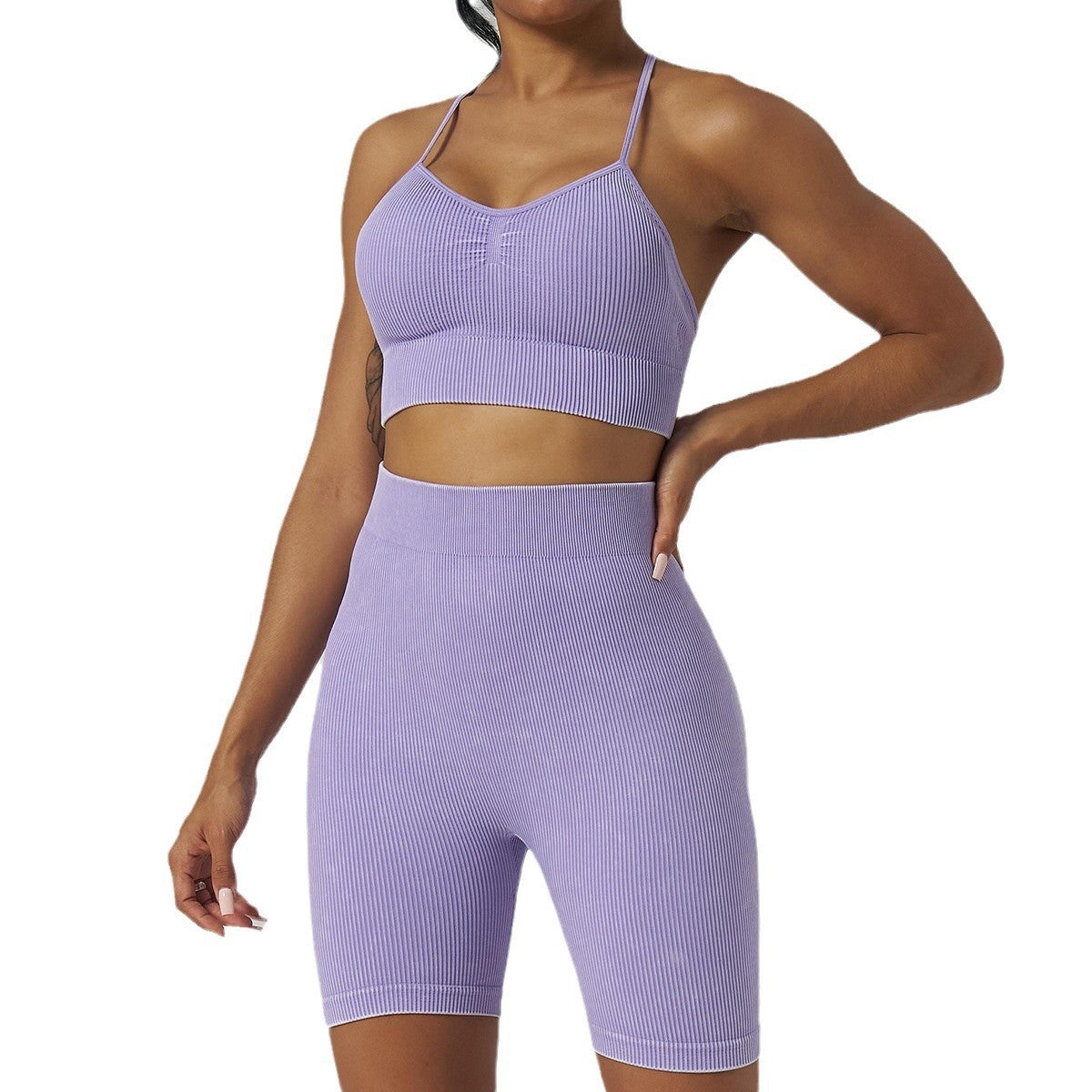 Seamless Textured Washable Yoga Set for Women Ribbed Sports Bra and Shorts for Fitness Outdoor Activities