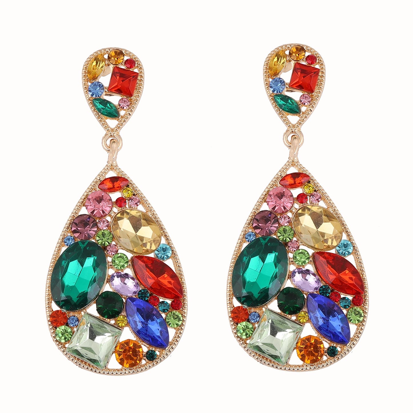 Trendy Creative Alloy Earrings with Colorful Rhinestones - Exaggerated Hollow Design for Unique and Stylish Women's Fashion Accessories