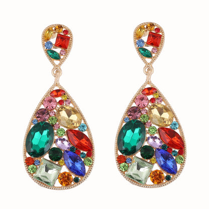Trendy Creative Alloy Earrings with Colorful Rhinestones - Exaggerated Hollow Design for Unique and Stylish Women's Fashion Accessories
