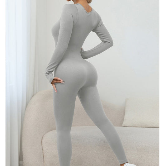 Square Neck Button Long Sleeve Jumpsuit for Women for Yoga Outdoor Training Dance and Fitness Peach Butt Lifting Workout Outfit