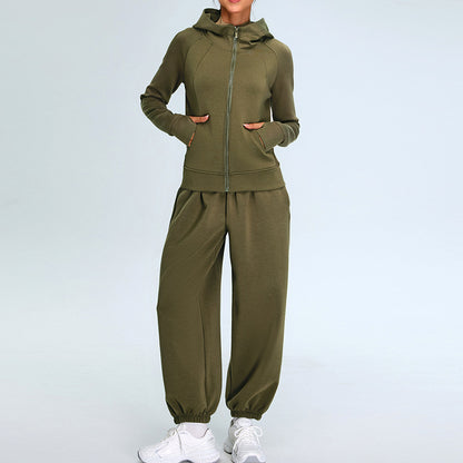 Women's Modal Loose Fit Sportswear Set with Airy Layer Hooded Jacket and Comfortable Fitness Outfit for Performance