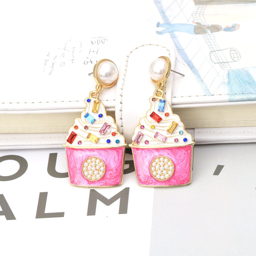Trendy Ice Cream-Inspired Alloy Earrings with Sparkling Rhinestones and Elegant Pearls - Unique Personalized Design for a Chic Look