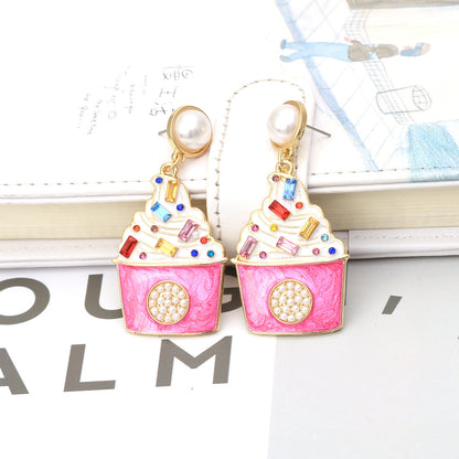 Trendy Ice Cream-Inspired Alloy Earrings with Sparkling Rhinestones and Elegant Pearls - Unique Personalized Design for a Chic Look