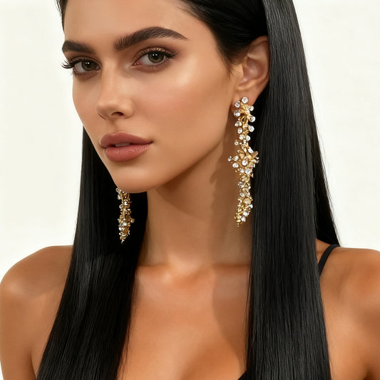 Elegant Long Drop Earrings with Full Rhinestone Cascade Design – Luxurious Alloy Statement Jewelry for Women, Perfect for Parties and Special Occasions