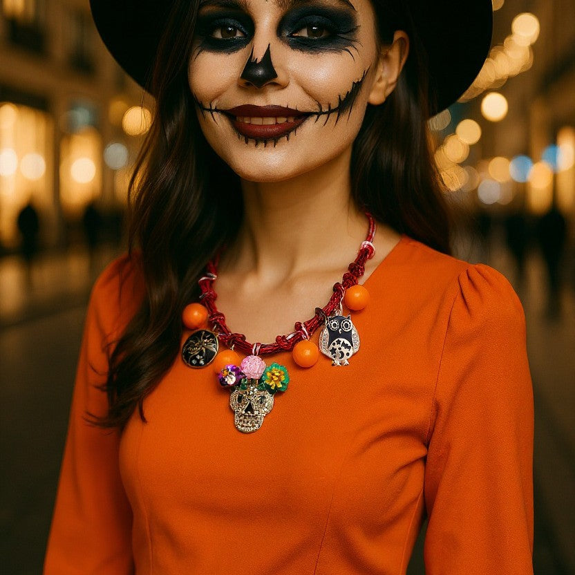Chic Halloween Necklace - Braided Alloy Oil Drop Spider, Owl, and Skull Pendant with Delicate Pearl Accents for Women - Perfect Accessory for Spooky Season