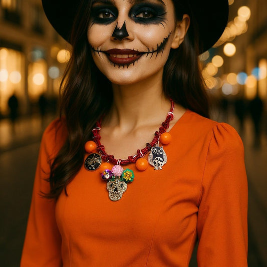 Chic Halloween Necklace - Braided Alloy Oil Drop Spider, Owl, and Skull Pendant with Delicate Pearl Accents for Women - Perfect Accessory for Spooky Season