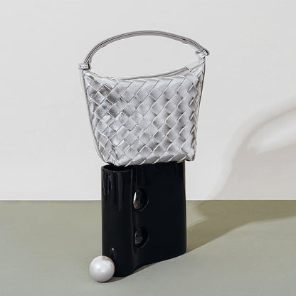 Chic Woven Lunch Box Bag Unique Silver Bucket Bag with Spacious Capacity Genuine Leather Tote for Women