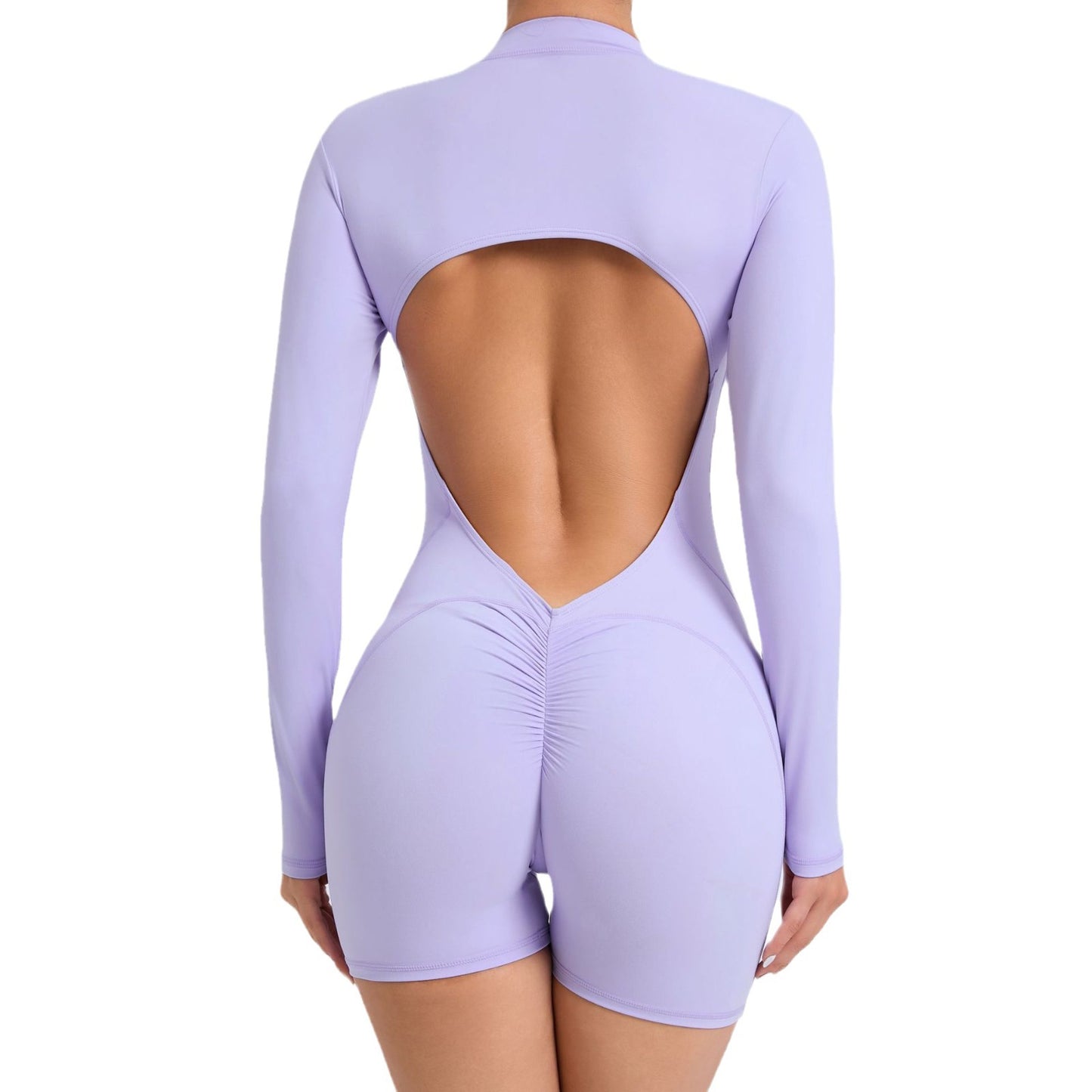 All in One Zippered Long Sleeve Bodysuit with Hollowed Back Design Activewear for Yoga and Fitness