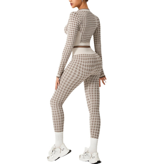 Chic Houndstooth Pattern Sports Jacket and Yoga Set Women's Fitness and Leisure Wear with High Waisted Yoga Pants for Comfort and Style