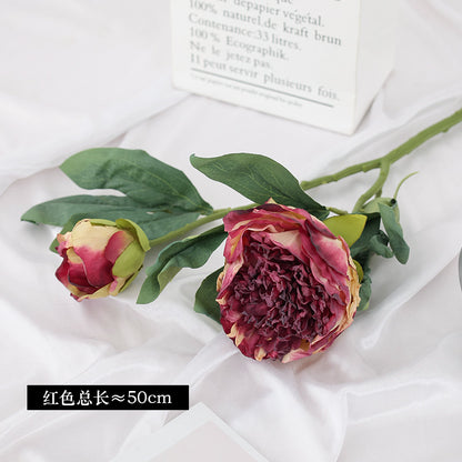 Faux Peony Flowers with Burnt Edges - Stunning 3-Head Silk Floral Arrangement for Wedding Decor, Home Decoration, and Photography Props