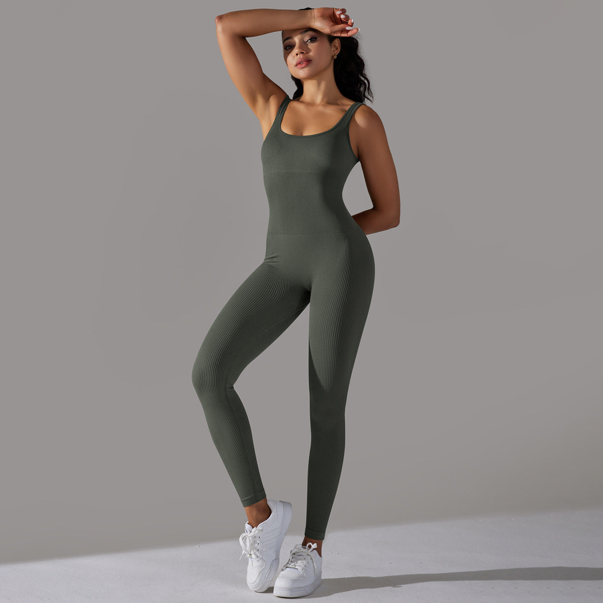 Seamless Knitted Crew Neck Yoga Jumpsuit Ribbed Solid Color Bodysuit for Women Activewear Fitness and Comfort in One