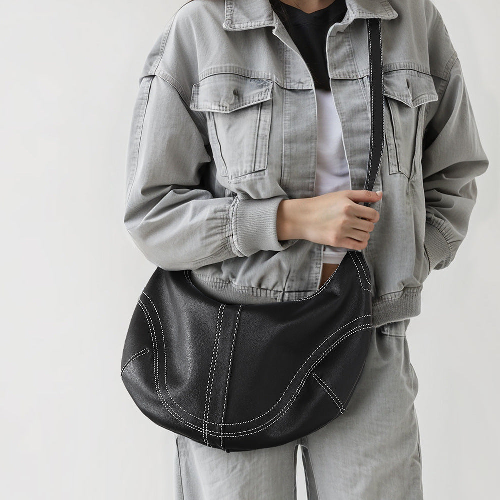 Women's Crystal Grain Layer Leather Dumpling Bag Luxury Feel Crossbody and Handbag for Elevated Style