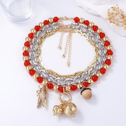Bohemian Multi-Layered Charm Necklace featuring Unique Chain, Colorful Glass Beads, and Alloy Insect Pendant – Perfect for Casual Wear and Fashion Statements