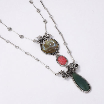 Bohemian-Inspired Alloy Geometric  Floral Inlay Resin Gemstone Multi-Layer Necklace – Perfect for Adding a Touch of Unique Style to Any Outfit