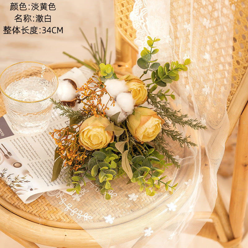 Stunning INS Style White Cotton Bouquet - Realistic Faux Flowers & Greenery for Wedding Decor - YC1043