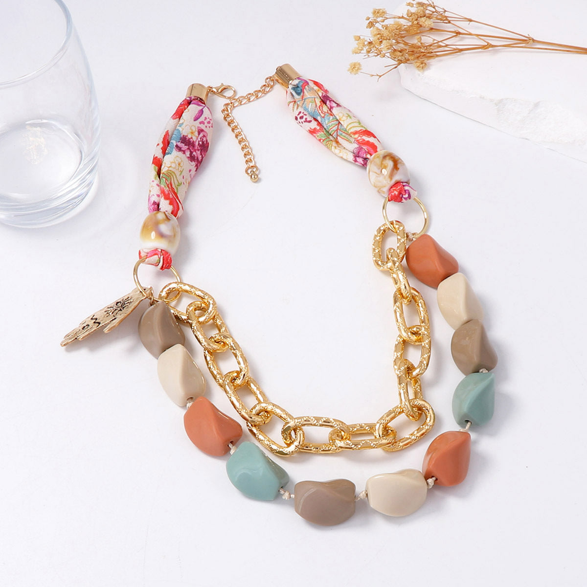 Unique Creative Geometric Multi-Color Beaded Pendant Necklace with Ribbon Design – Versatile Fashion Accessory for Any Occasion
