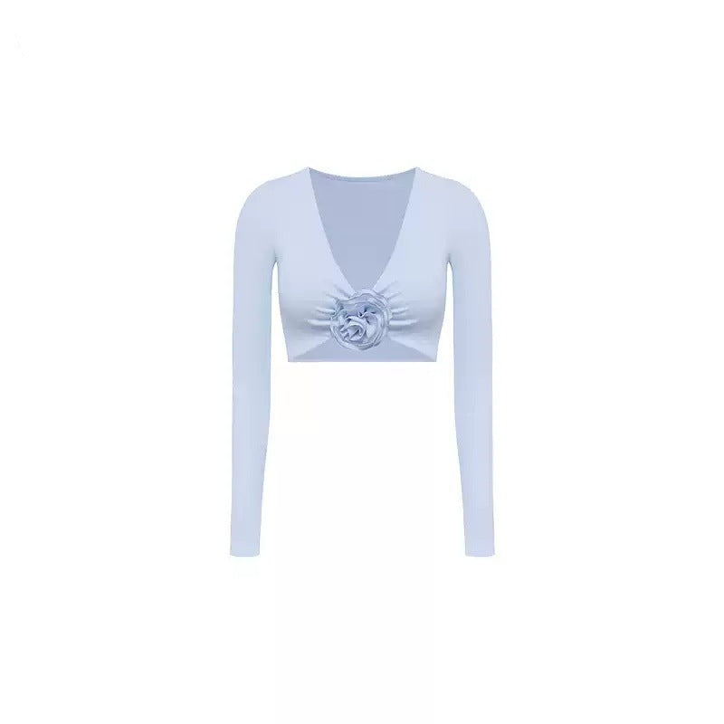 Long Sleeve Casual Yoga Top with Floral Design Built In Bra Breathable Fabric for Running Training and Fitness for Women