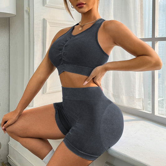 Women s Seamless Yoga Set Water Washed Peach Butt Lift Bra and High Waisted Shorts for Enhanced Comfort and Style Ideal Activewear for Fitness and Gym Workouts