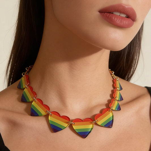 Chic Minimalist Acrylic Rainbow Heart Patchwork Necklace - Unique Collarbone Chain Jewelry for Women