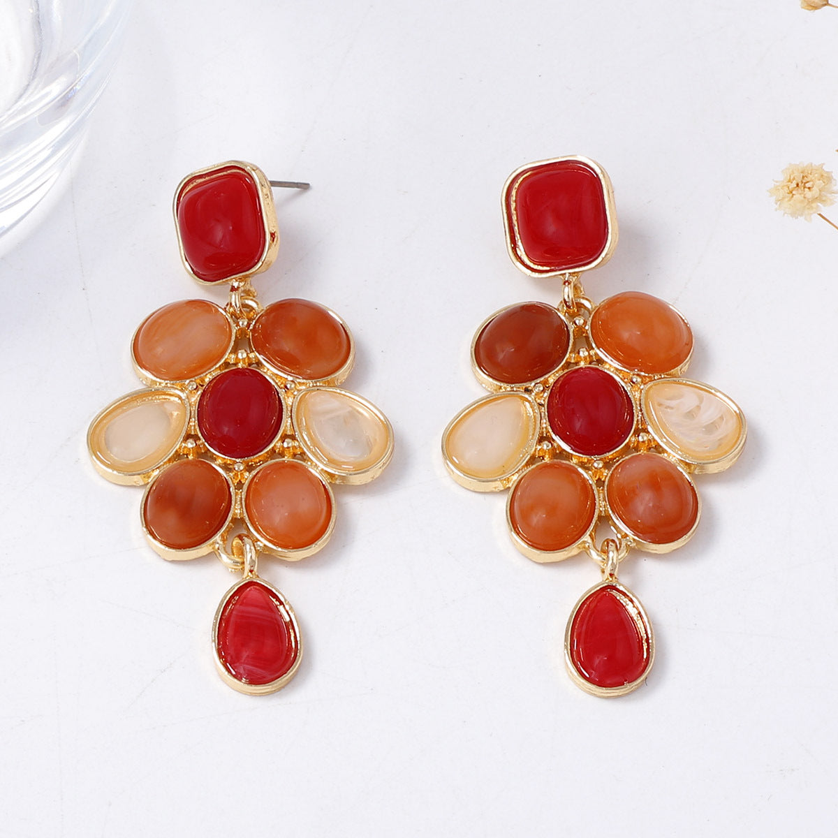 Vintage Melange Geometric Resin Gemstone Drop Earrings - Chic and Luxurious Statement Jewelry for Women