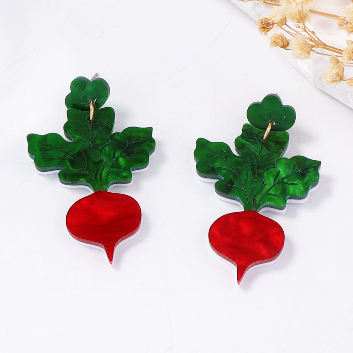 Unique Creative Acrylic Green Leaf & Radish Earrings - Minimalist and Versatile Jewelry Accessory for Women