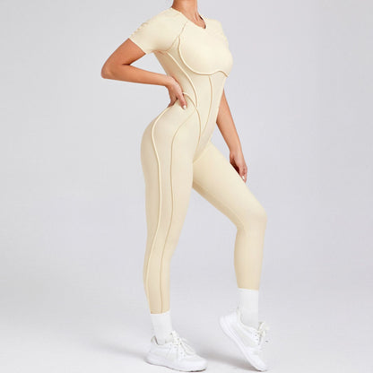 Women s Form Fitting Short Sleeve Bodysuit with Long Pants Sculpting and Breathable Yoga Outfit for Fall Winter with Stunning Open Back Design Model 88201