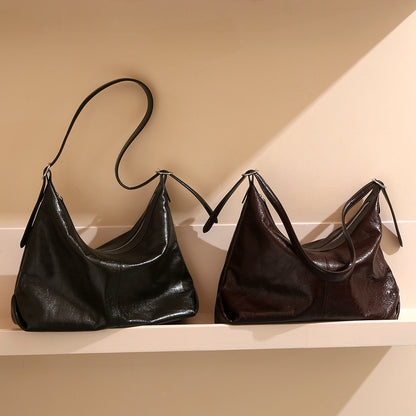Luxury Genuine Waxed Leather Tote Bag Minimalist Design for Commuters Versatile Shoulder Crossbody Style for Women