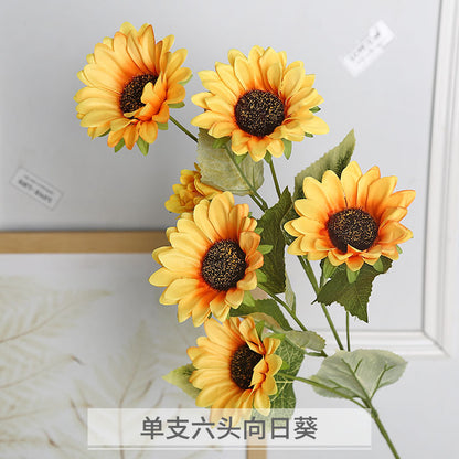 Realistic Single Stem 6-Head Sunflower Faux Flower Arrangement - Perfect for Rustic Decor, Gardening, Photography Props, and Home Accents