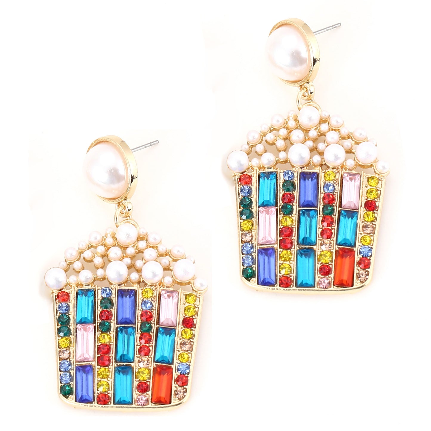 Exquisite Geometric Pearl and Gemstone Popcorn Earrings with Dazzling Colorful Diamond Accents – Unique and Bold Fashion Statement