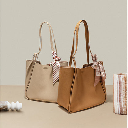 Leather Handbag with Silk Scarf Accessory and Versatile Women s Tote Bag with Genuine Silk Strap for Fashionable Casual Looks