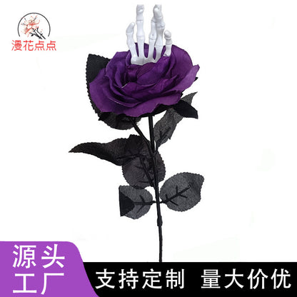 Lifelike Black and Red Rose - Single Halloween Skeleton Hand Fake Flower Party Decoration and Photography Prop