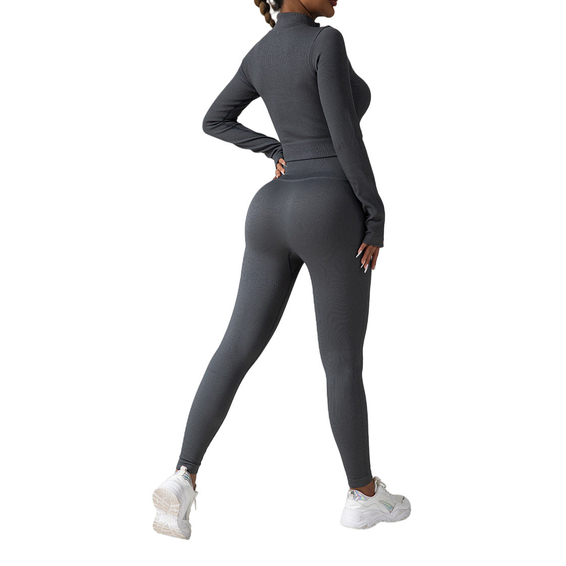 Seamless Ribbed Yoga Set with Zip Up Long Sleeve Top and Drawstring Trousers for Fitness and Workout Enthusiasts