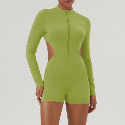 Women's Long Sleeve Half Zip Bodysuit Form Fitting Hollow Out Design with Open Waist for Yoga and Fitness Includes Removable Padding for Enhanced Comfort