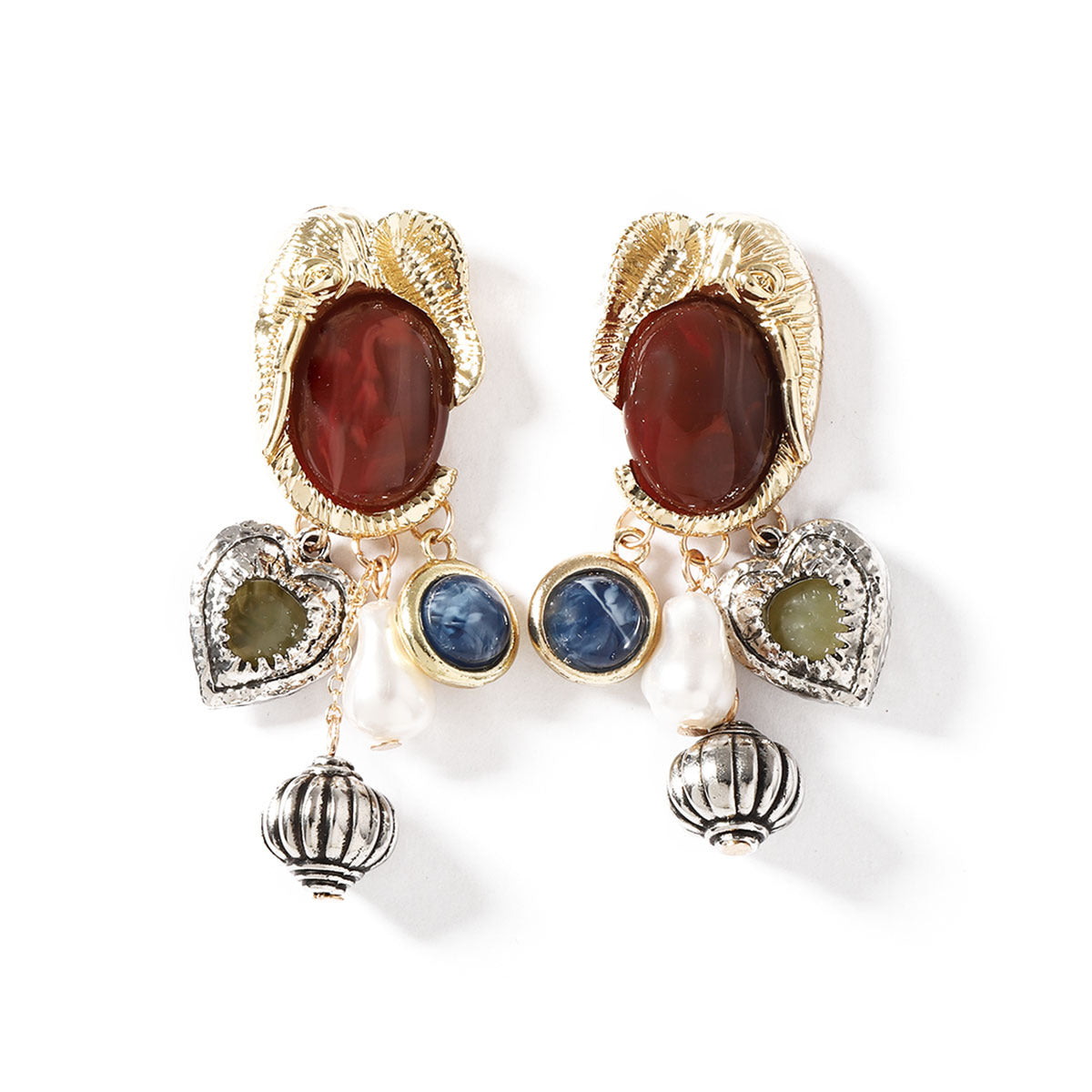 Stylish Vintage-Inspired High-End Animal Metal Pendant Earrings with Faux Pearl and Gemstone Accents – Unique and Versatile Statement Jewelry