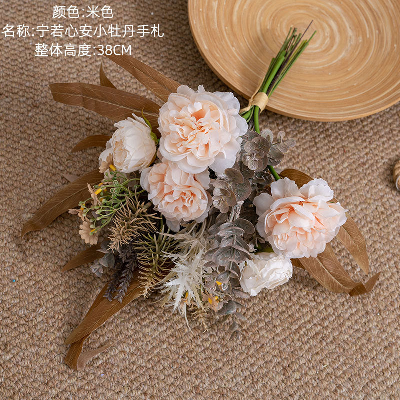 Elegant Ningruo Heart-Peaceful Small Peony Handcrafted Faux Flower Bouquet - Ideal for Home Decor, Weddings, and Wall Art - Beautiful Rose Arrangement CF02025