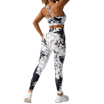 Printed Yoga Set for Women Quick Dry Compression Leggings with Butt Lift Shock Absorbing Sports Bra and Comfortable Fitness Tank Top