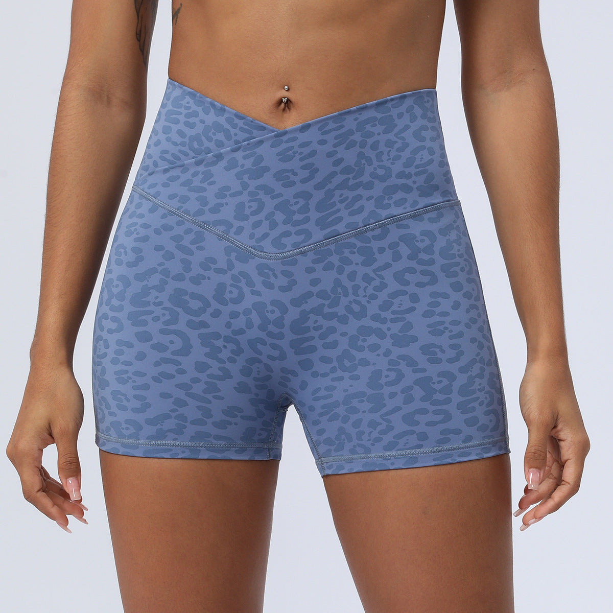 High Waisted Leopard Print Yoga Shorts with Crossed Waist Design for Peach Lifting Stretchy Comfortable 3 Inch Running Fitness Shorts