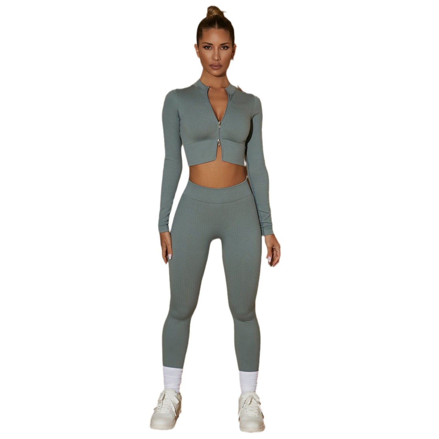 Seamless Zipper Long Sleeve High Waisted Yoga Pants Set for Women for Running Training Fitness and Outdoor Sports