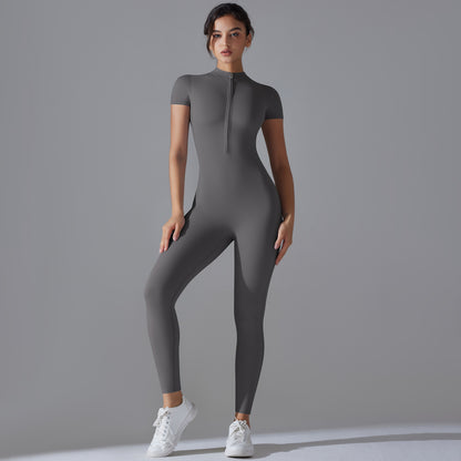 Open Collar Zippered Short Sleeve Bodysuit for Women for Dance Fitness and Yoga Form Fitting Activewear for Comfort and Performance