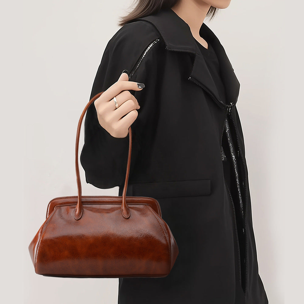 Luxury Large Capacity Genuine Leather Handbag for Women Grain Oil Wax Cowhide Shoulder Bag with Elegant Design