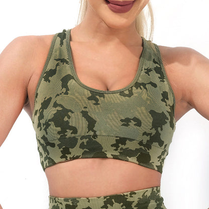 High Performance Camouflage Sports Bra with Racerback Design Quick Dry Shock Absorbing Support for Intense Running and Training