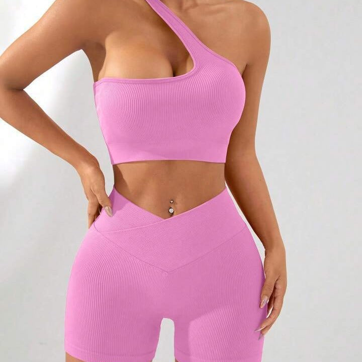 Seamless Cross Waist Peach Buttock Shorts and Ribbed Asymmetrical Sports Bra Yoga Set for Women High Performance Fitness Apparel for Comfort and Style